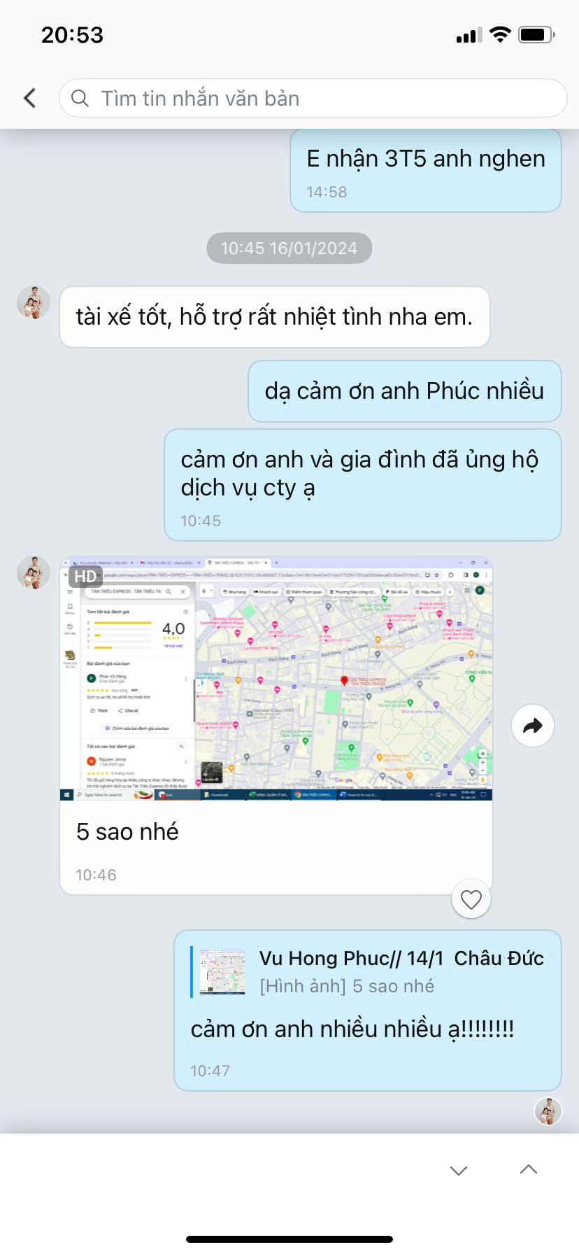 Đánh giá 5 sao dịch vụ Tân Triều Travel