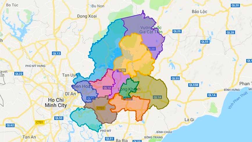 Bản đồ tỉnh Đồng Nai bao gồm các huyện và thành phố Biên Hòa