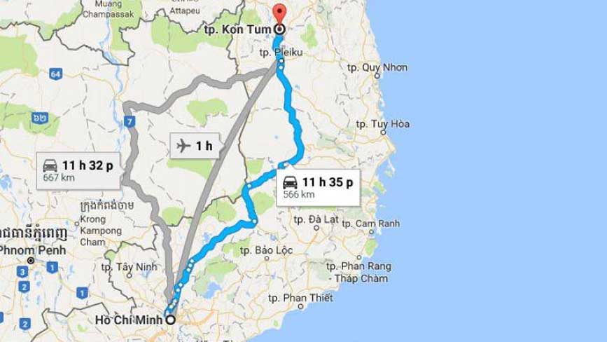 Bản đồ di chuyến từ Sài Gòn đi Kontum theo quốc lộ 14 đường Hồ Chí Minh