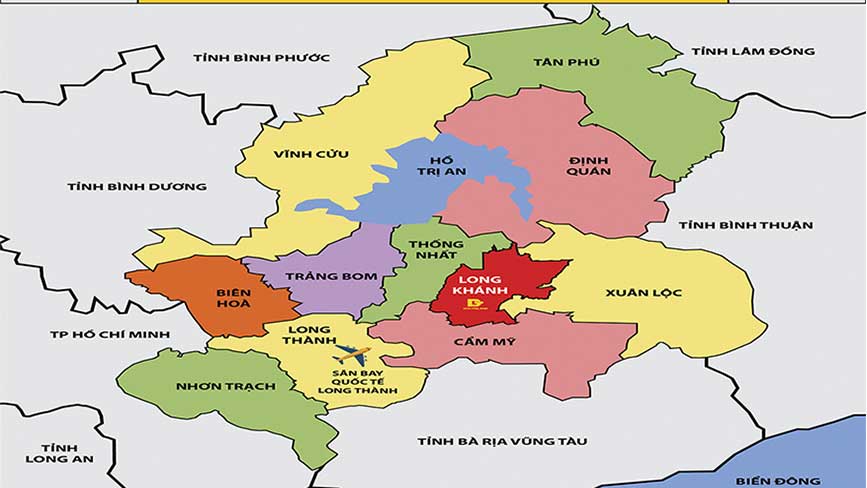 Bản đồ tỉnh Đồng Nai bao gồm thành phố Biên Hòa và các huyện