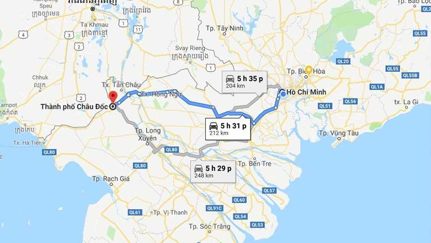 2 hướng di chuyển từ Sài Gòn đến TP Châu Đốc