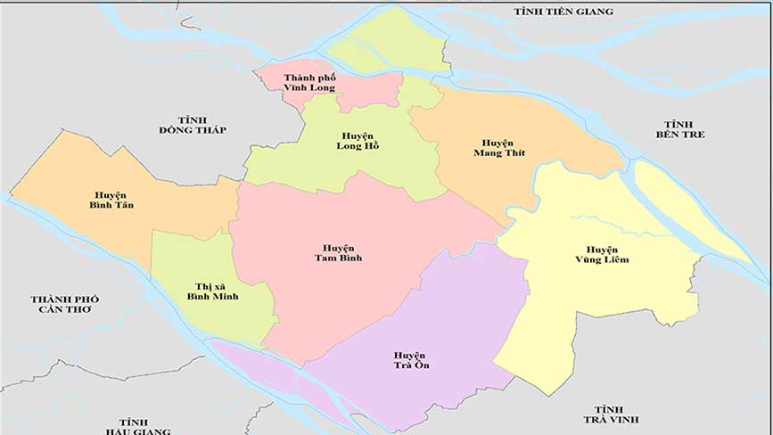 Bản đồ các huyện và thành phố tỉnh Vĩnh Long và các tỉnh lân cận