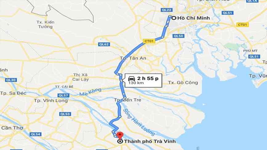 Bản đồ di chuyển xe 16 chỗ từ TPHCM đi Trà Vinh