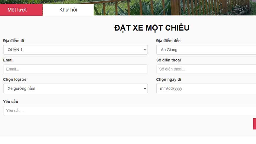 Phiếu điền thông tin thuê xe giường nằm trên hệ thống website của Tân Triều