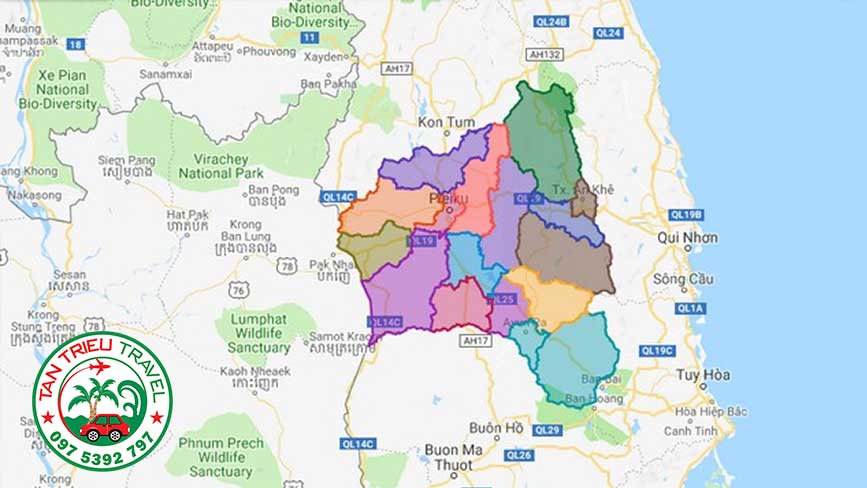 Bản đồ tỉnh Gia Lai và các tỉnh lân cận quanh khu vực