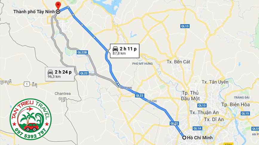 Bản đồ di chuyển từ Sài Gòn đến Thành Phố Tây Ninh