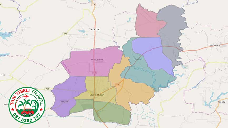Bản đồ tỉnh Bình Phước với trung tâm TP Đồng Xoài